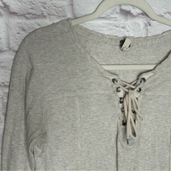 We The Free Free Peoole Heathered Cream Long Sleeve Lace Up Neckline Top - Picture 5 of 11